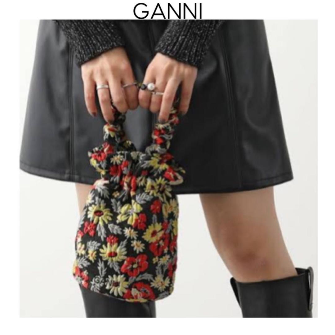 GANNI ボタニカル 巾着ショルダーバッグ　ブラック　刺繍　黒 ジャガード