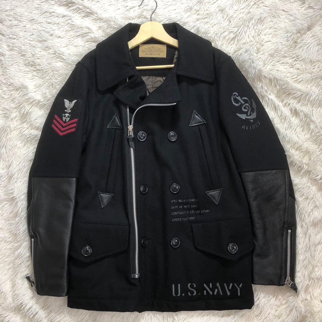 AVIREX　Pコート　切替　袖レザー　牛革　ワッペン　ダブル仕様　ブラック　L