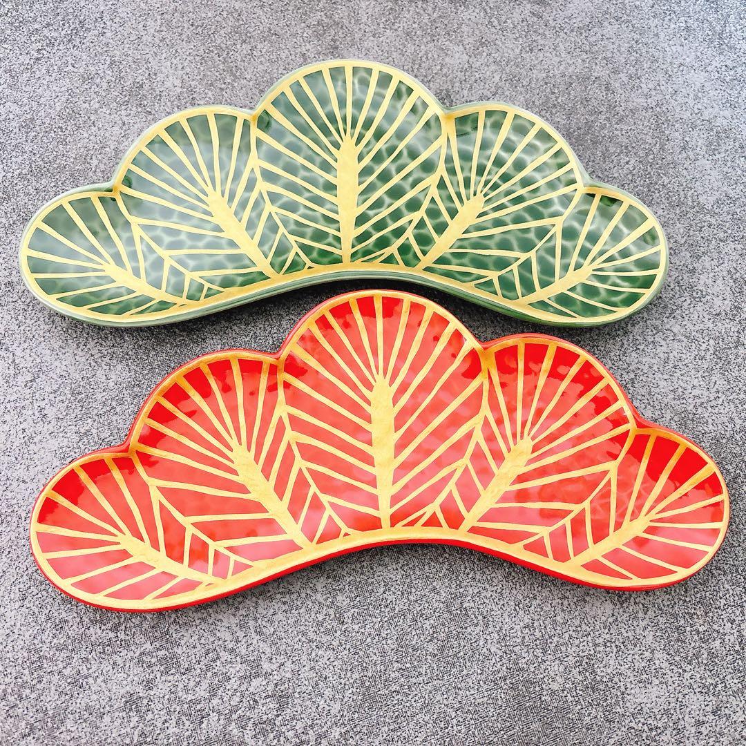 さるいぬきじご依頼品　幸楽窯　松葉形前菜皿　緑金　赤金　白金　5点セット