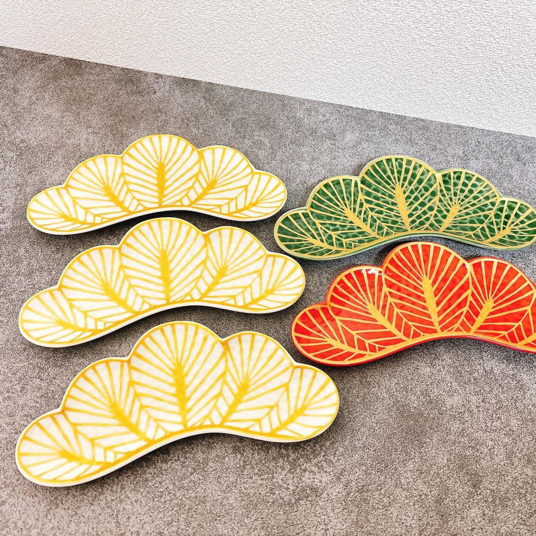 さるいぬきじご依頼品　幸楽窯　松葉形前菜皿　緑金　赤金　白金　5点セット