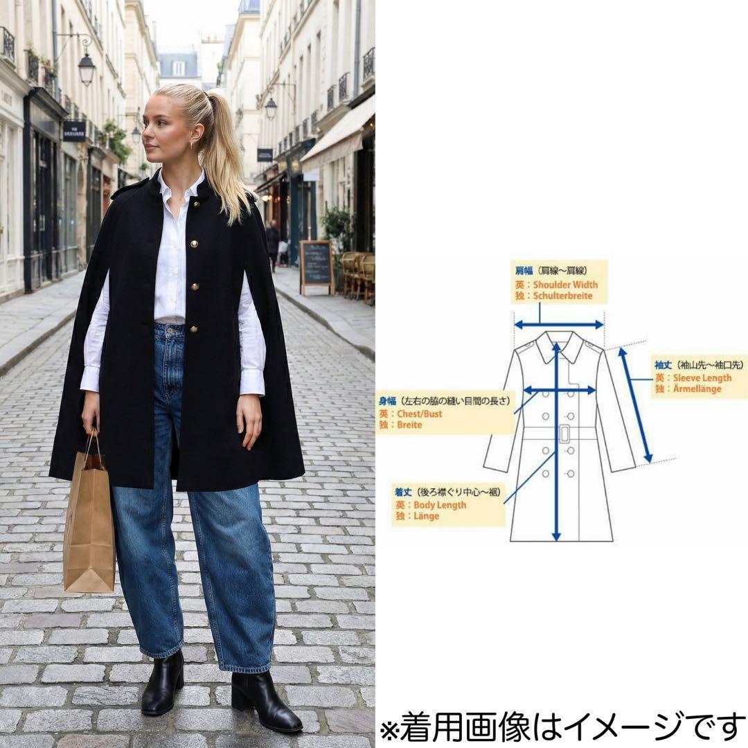 美品★L★ZARA★ケープコート★ウール ポンチョ★ブラック★金ボタン★ザラ