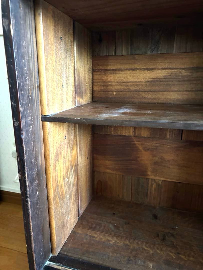 アンティーク　昭和レトロ　モールガラス　茶箪笥　チェスト　収納棚　古民家家具