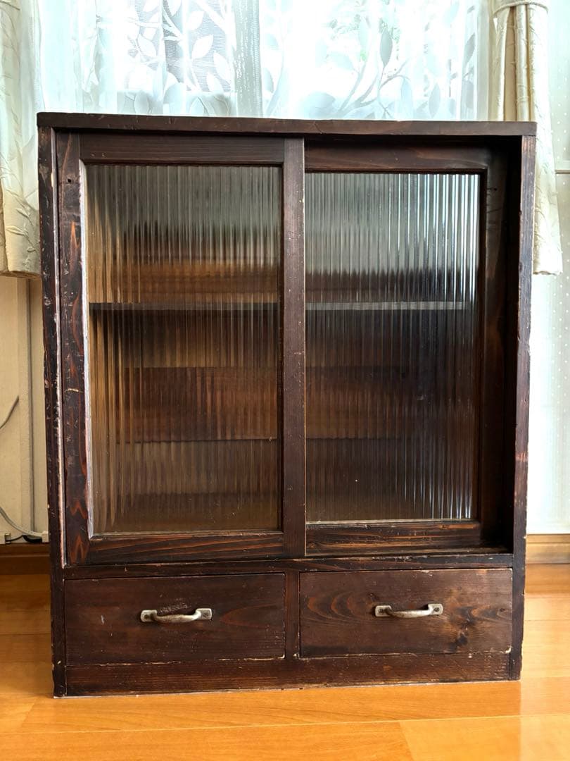 アンティーク　昭和レトロ　モールガラス　茶箪笥　チェスト　収納棚　古民家家具