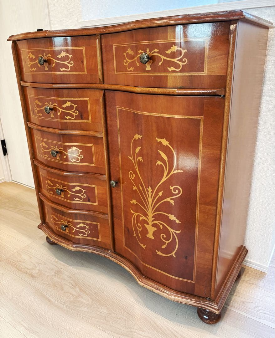 高級イタリア製 家具 ヨーロピアン 丸脚5段チェスト アンティーク象嵌細工 収納