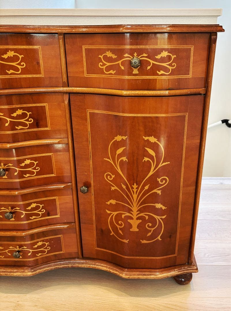 高級イタリア製 家具 ヨーロピアン 丸脚5段チェスト アンティーク象嵌細工 収納