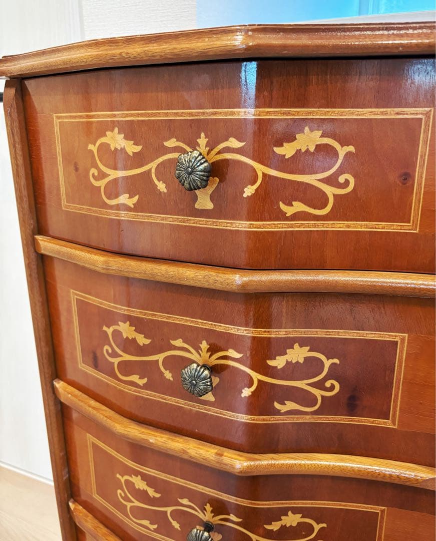 高級イタリア製 家具 ヨーロピアン 丸脚5段チェスト アンティーク象嵌細工 収納