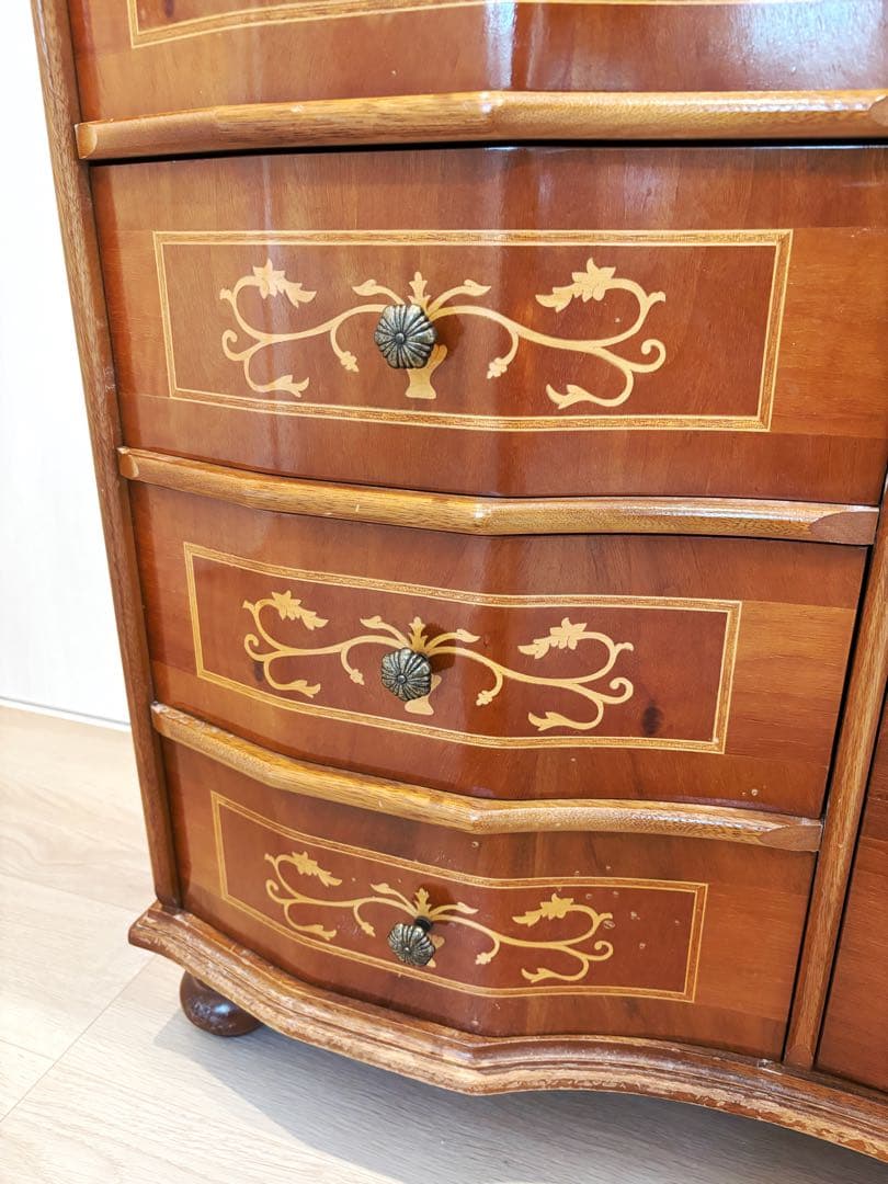 高級イタリア製 家具 ヨーロピアン 丸脚5段チェスト アンティーク象嵌細工 収納