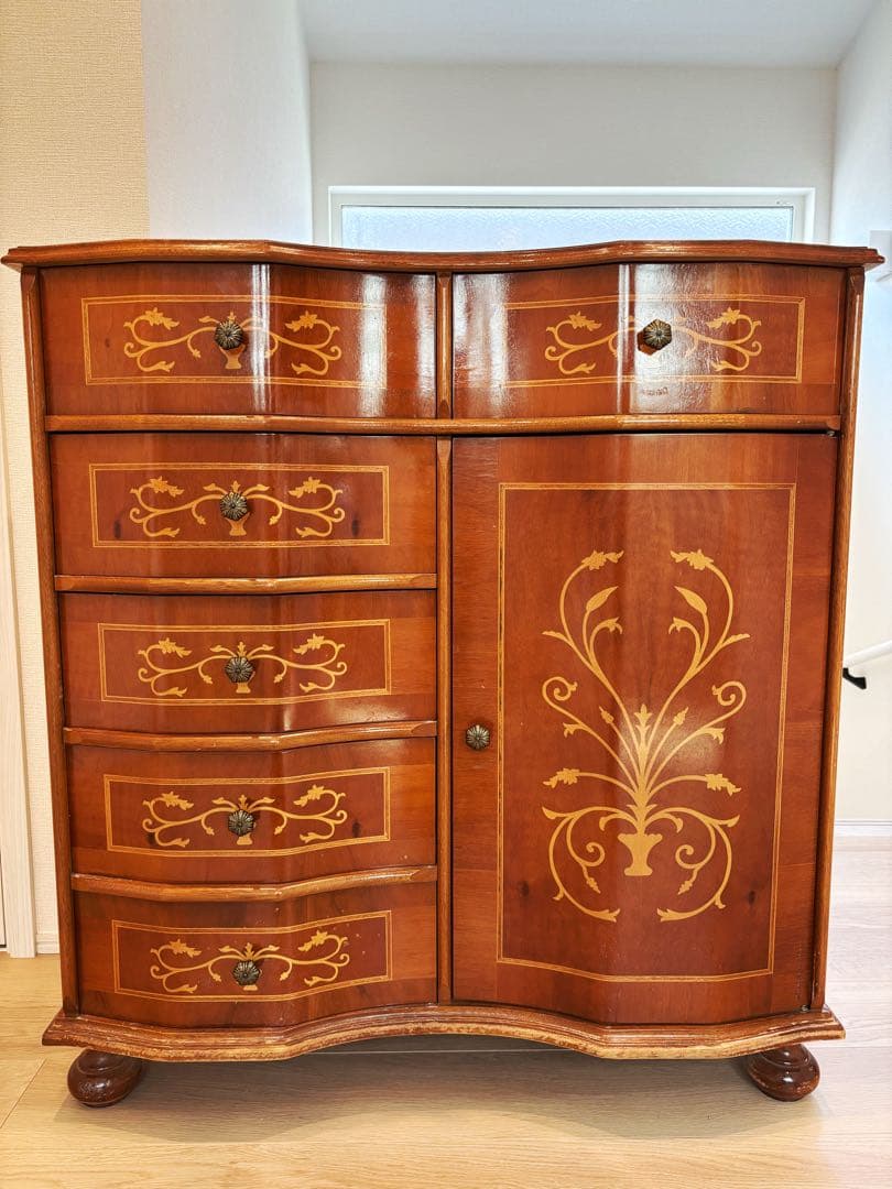 高級イタリア製 家具 ヨーロピアン 丸脚5段チェスト アンティーク象嵌細工 収納