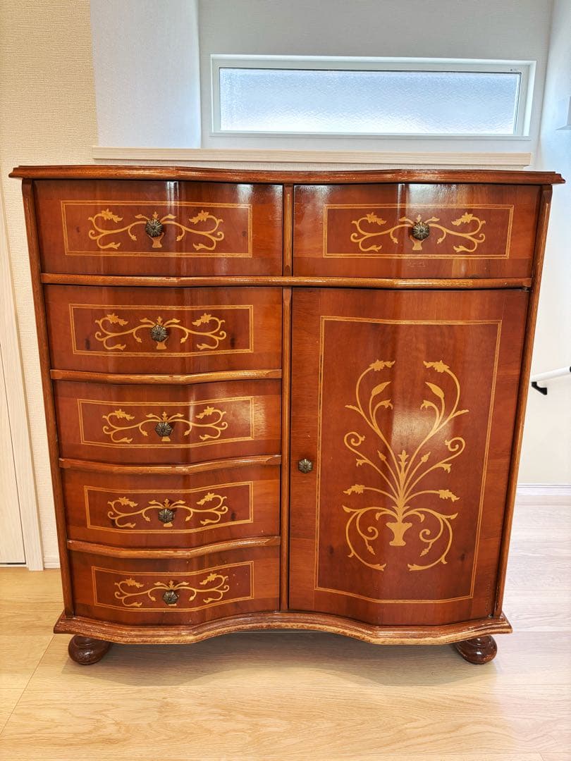 高級イタリア製 家具 ヨーロピアン 丸脚5段チェスト アンティーク象嵌細工 収納
