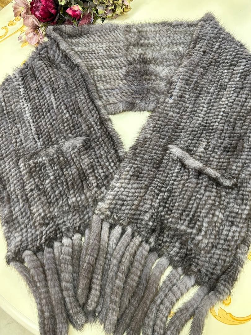 最高級ミンクストール大判編み込みグレー成人式ファーマショールシルバー系