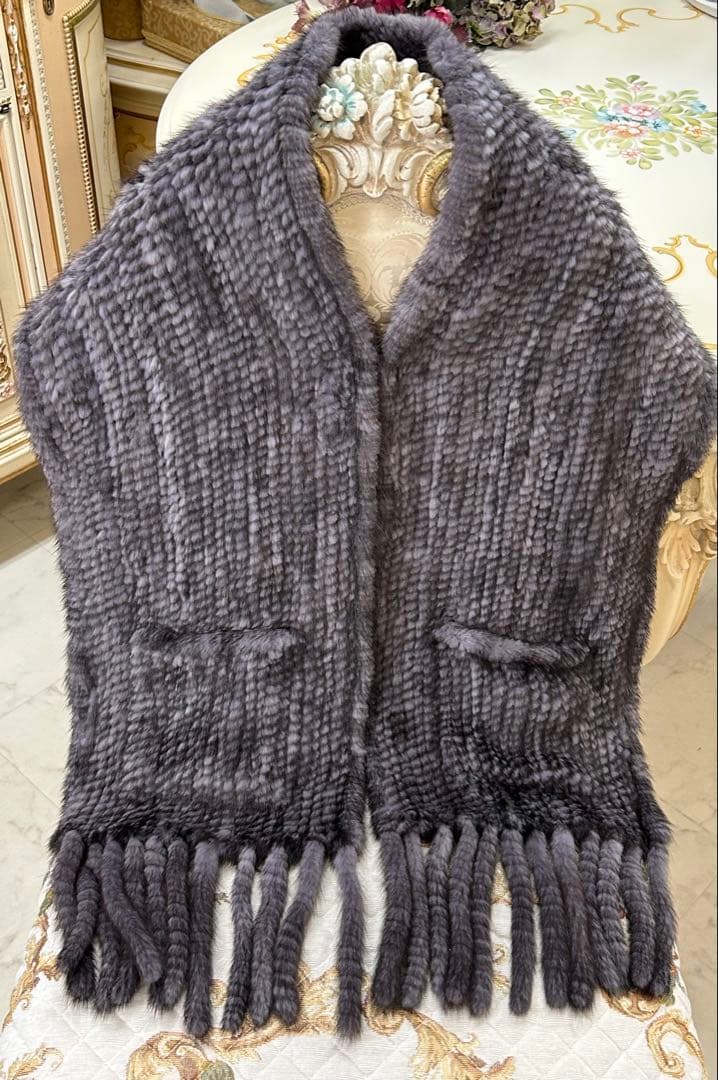 最高級ミンクストール大判編み込みグレー成人式ファーマショールシルバー系