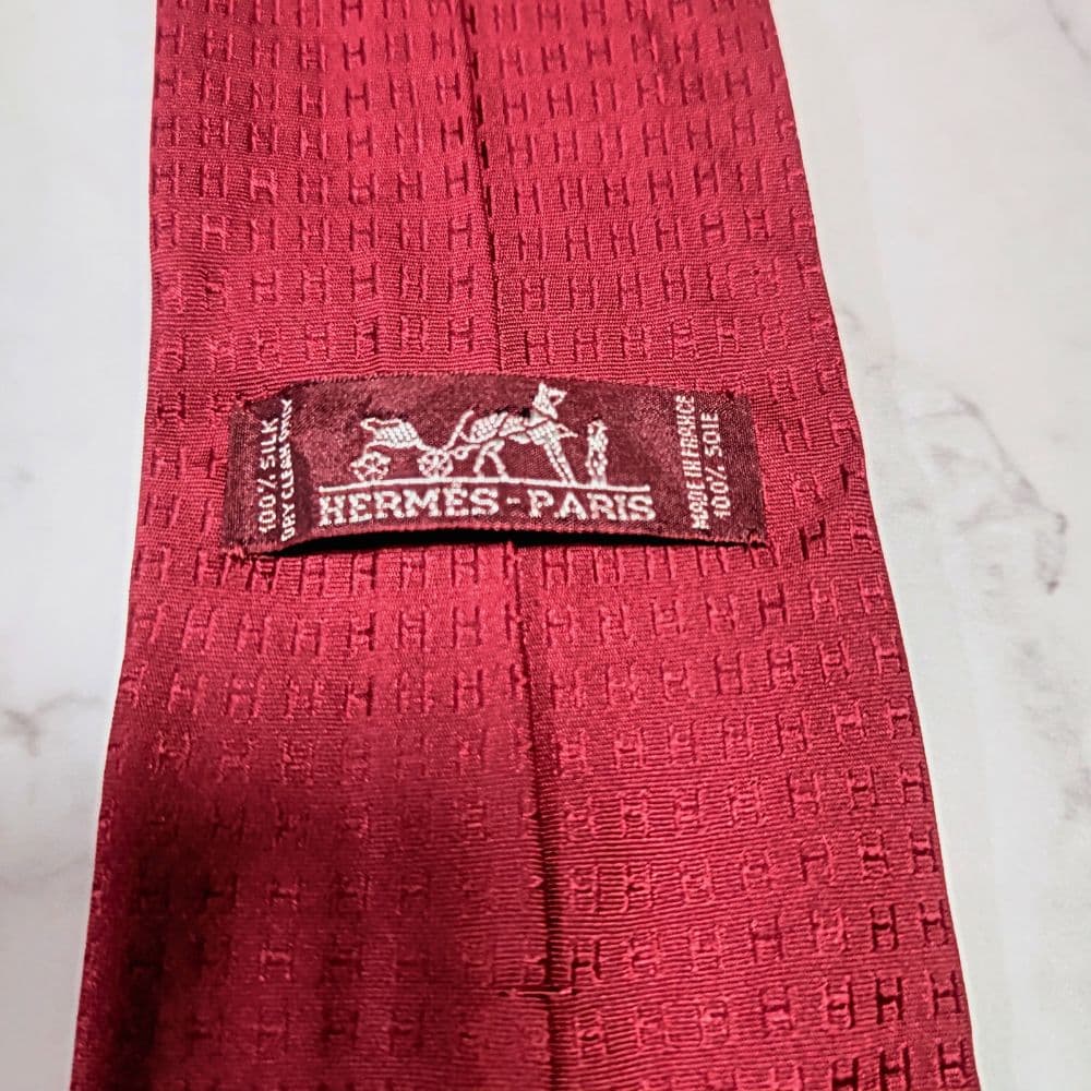 HERMES ネクタイ 赤 シルク ファソネ H柄 レッド 総柄