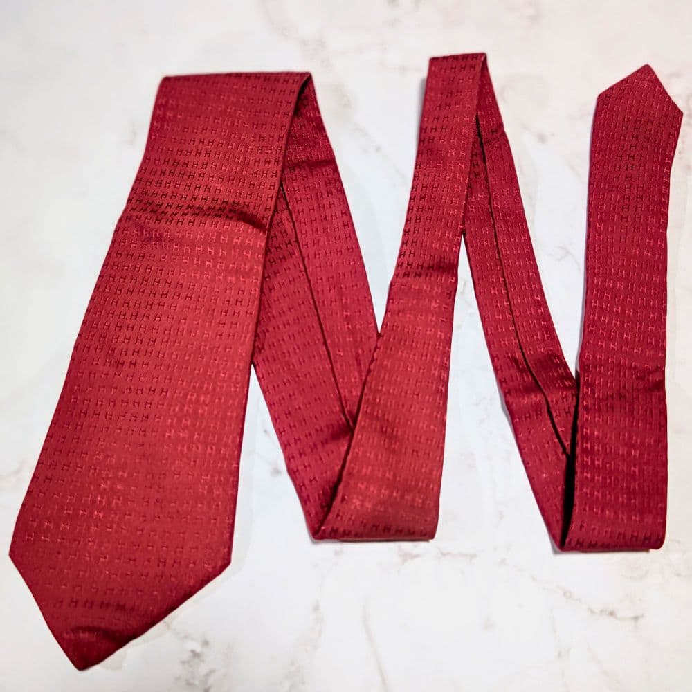 HERMES ネクタイ 赤 シルク ファソネ H柄 レッド 総柄