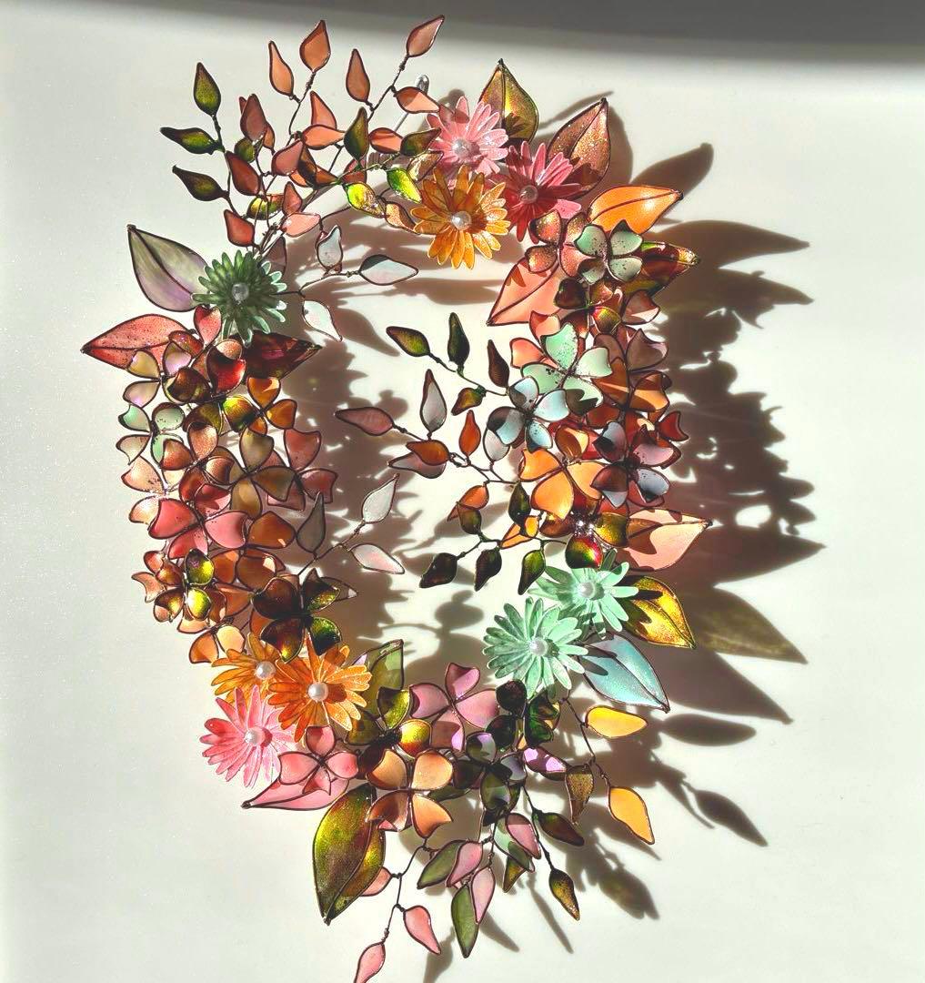 大きなオーバル型フラワーリース　ワイヤークラフト　ディップアート　壁飾り