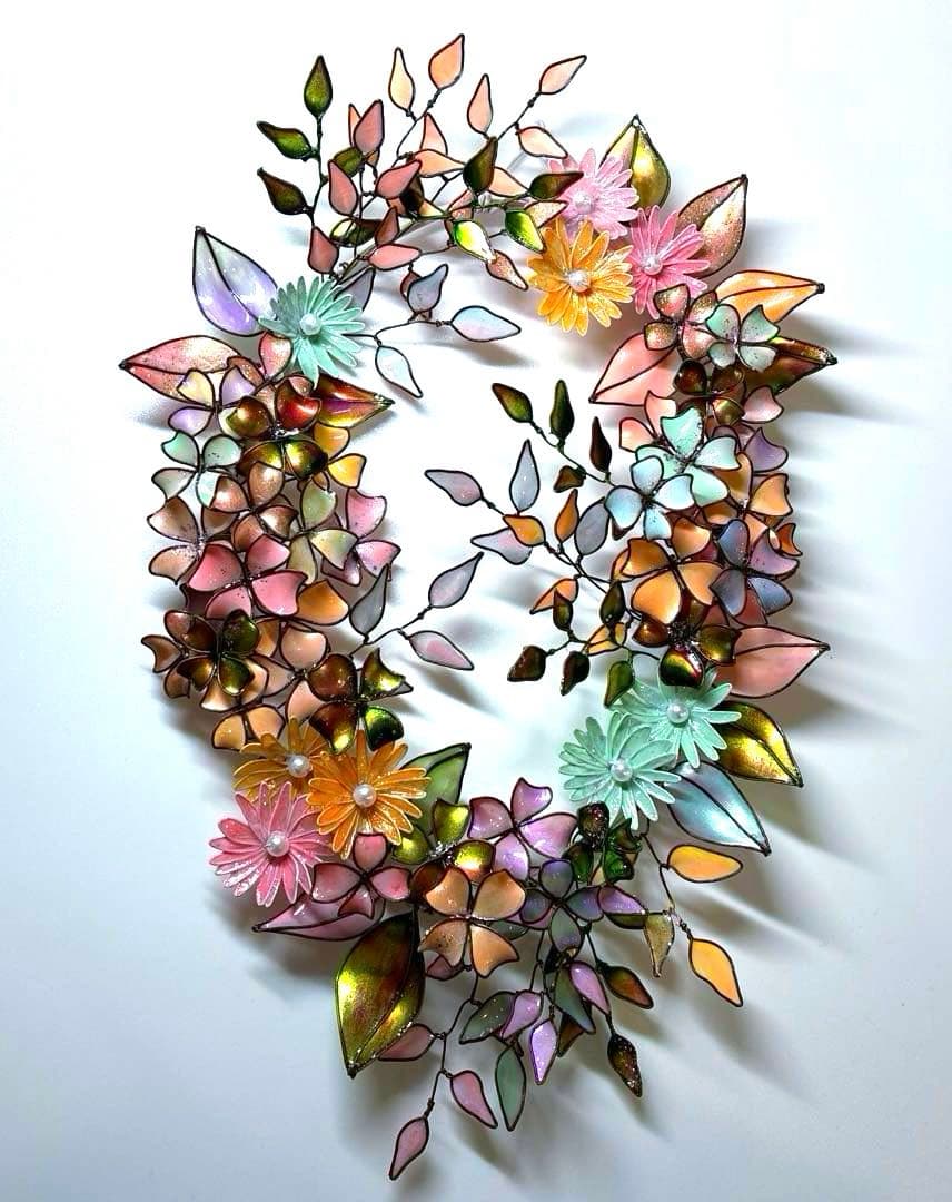 大きなオーバル型フラワーリース　ワイヤークラフト　ディップアート　壁飾り