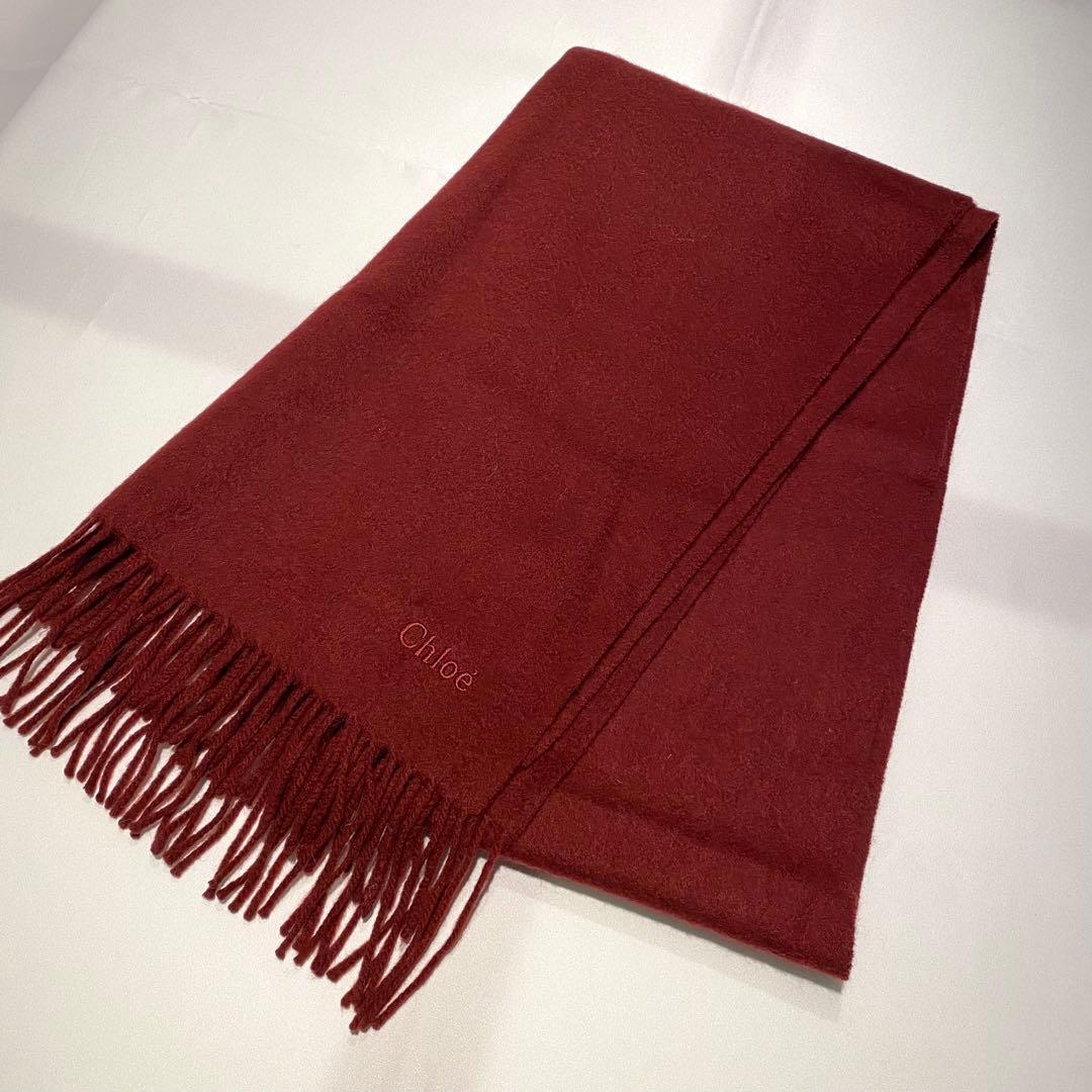 Chloé　クロエ　マフラー　大判ストール　カシミヤ　フリンジ　ロゴ刺繍　赤