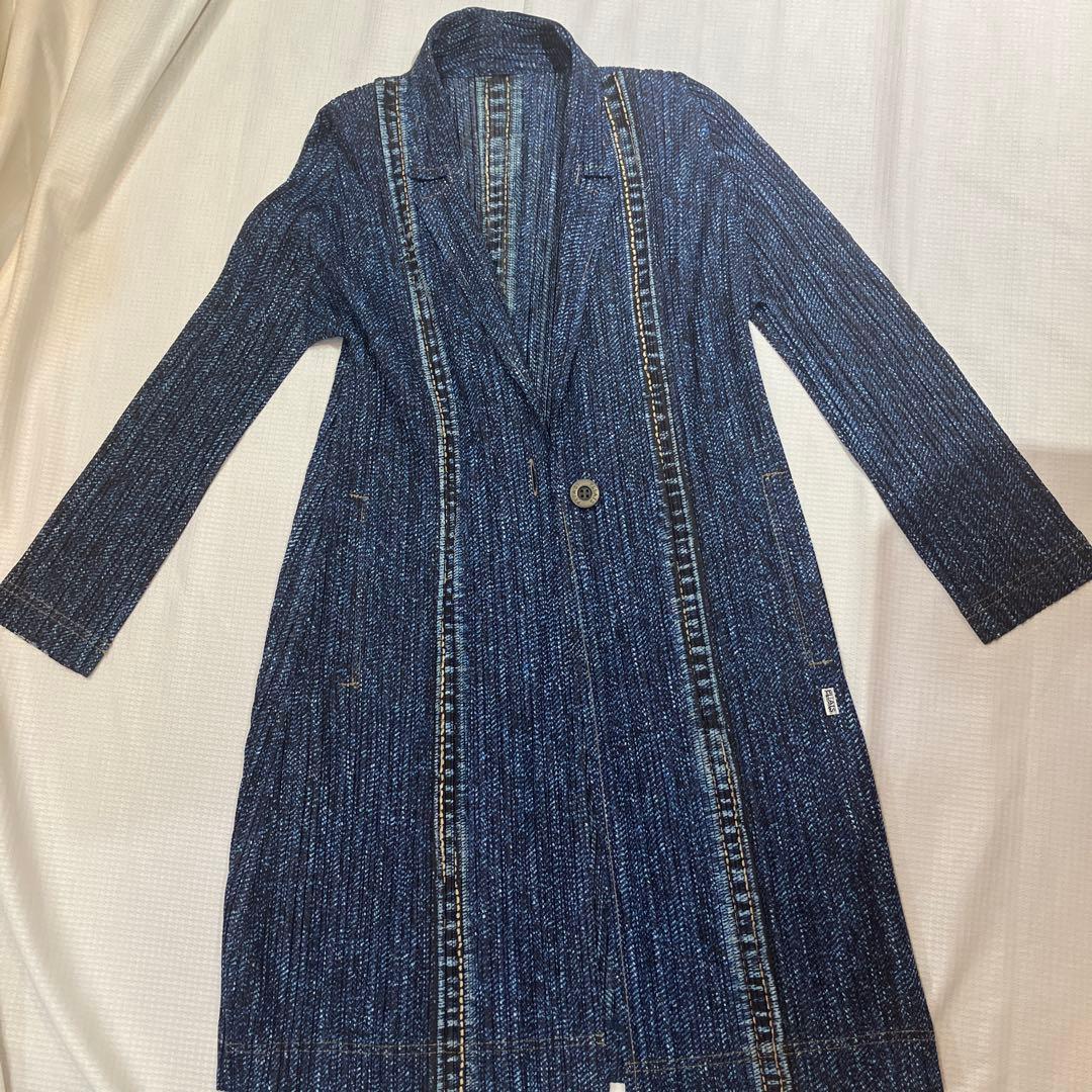 プリーツプリーツデニム柄ロングジャケット+チュニックワンピース