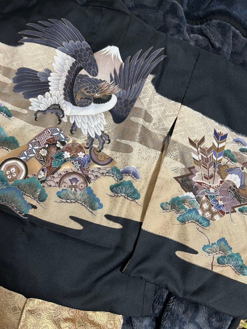 七五三★男児　羽織　着物　袴セット★5歳 ★黒★古典　和風　鷹　松　小槌　矢