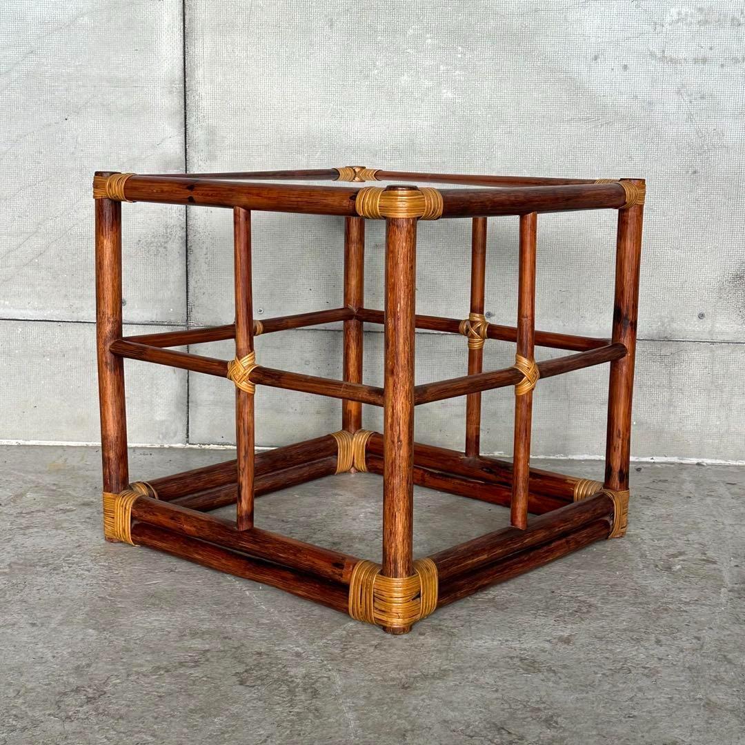 ꧁オールドラタン꧂ バリ島リゾート風 藤　ラタン× ガラス サイドテーブル