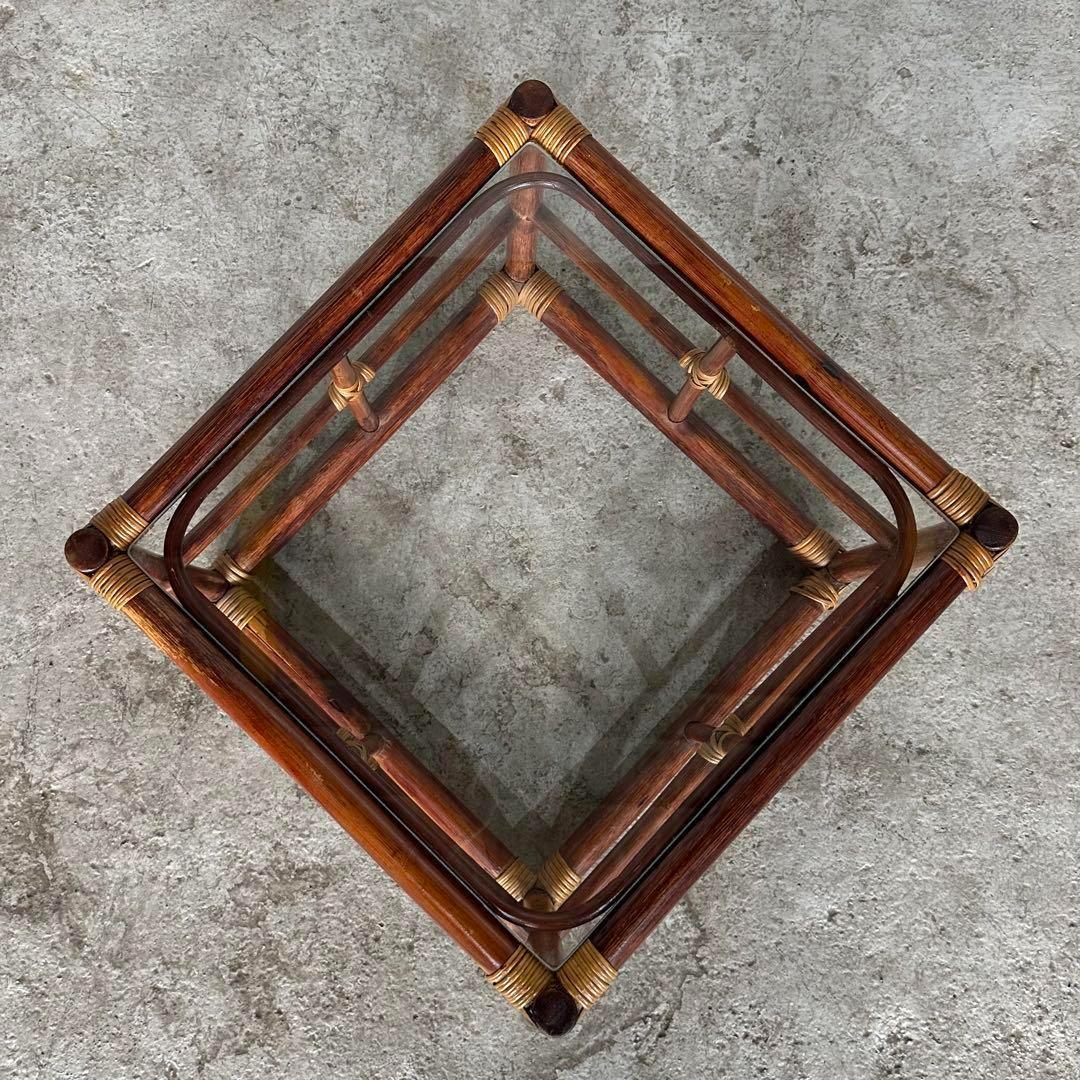 ꧁オールドラタン꧂ バリ島リゾート風 藤　ラタン× ガラス サイドテーブル