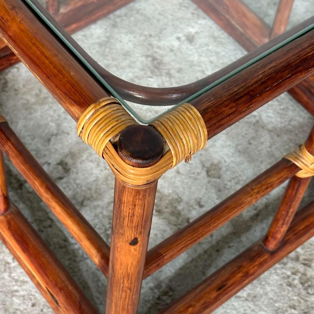 ꧁オールドラタン꧂ バリ島リゾート風 藤　ラタン× ガラス サイドテーブル