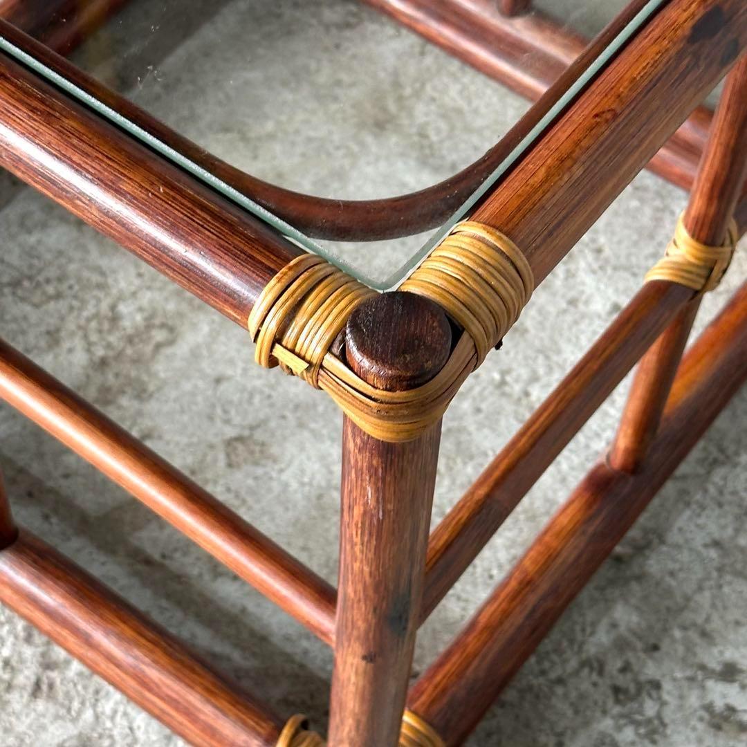 ꧁オールドラタン꧂ バリ島リゾート風 藤　ラタン× ガラス サイドテーブル