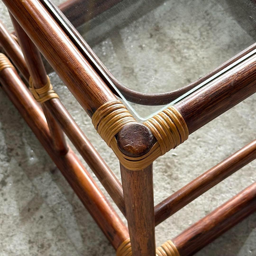 ꧁オールドラタン꧂ バリ島リゾート風 藤　ラタン× ガラス サイドテーブル