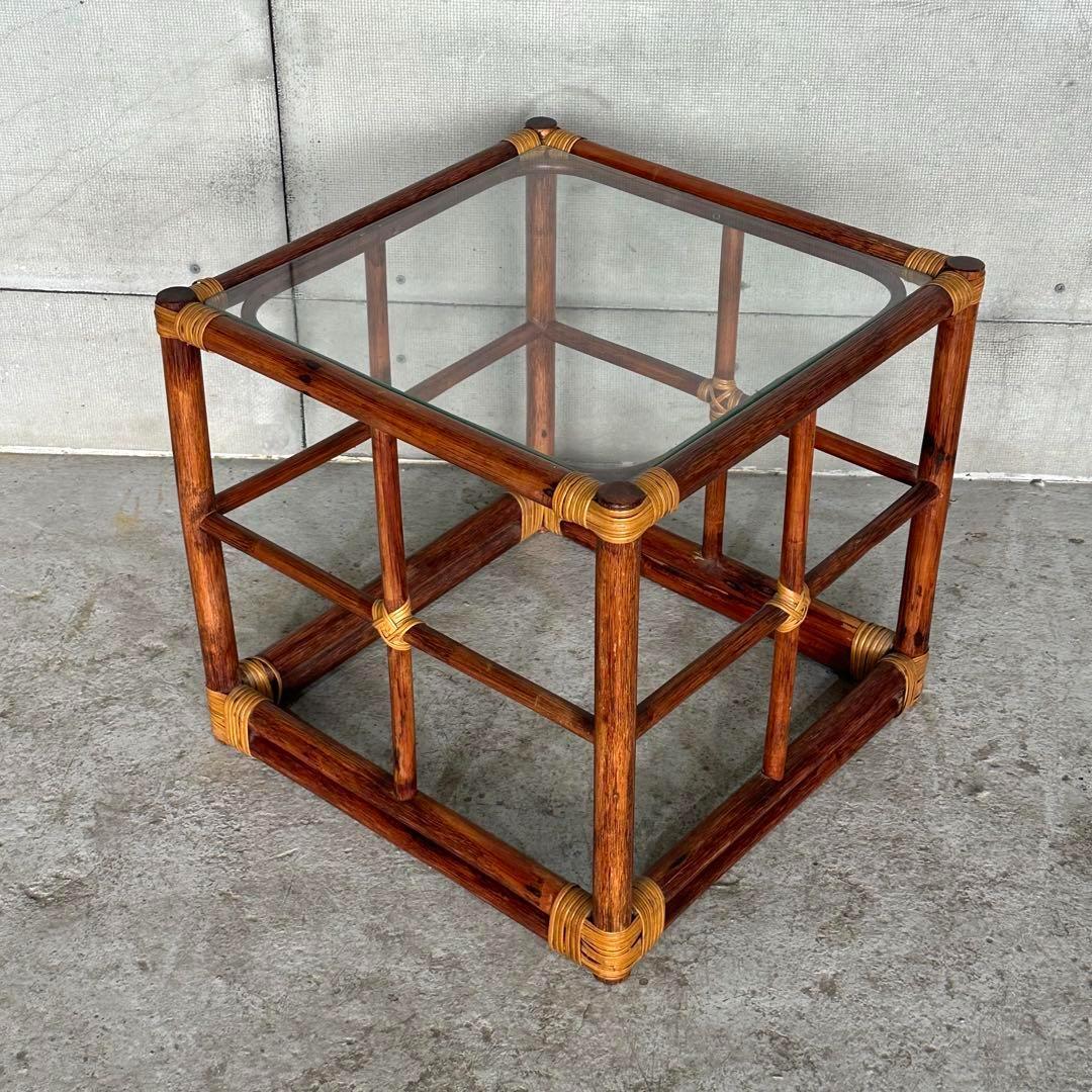 ꧁オールドラタン꧂ バリ島リゾート風 藤　ラタン× ガラス サイドテーブル