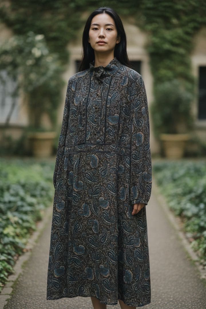 Leilian レリアン　フリルワンピース　ペーズリー柄　袖シアー　13＋