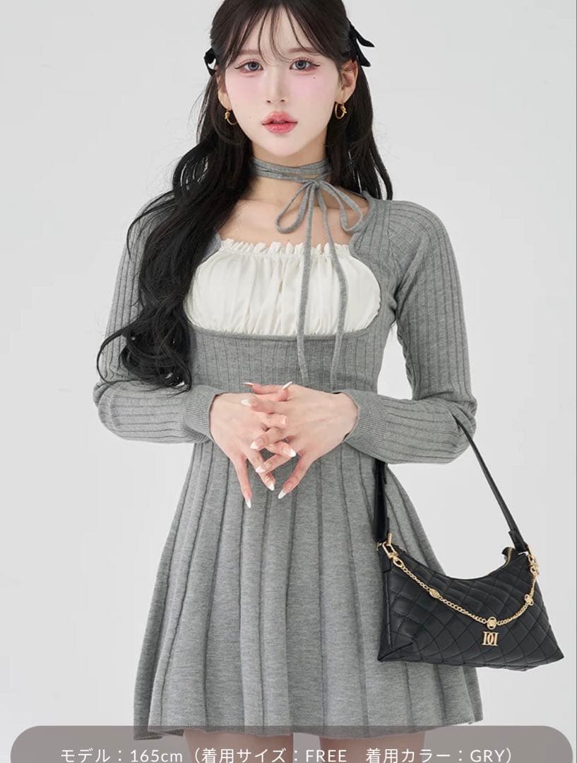 【ダーリッチ】ネックリボンデザインフレアニットミニワンピースグレーFREEサイズ