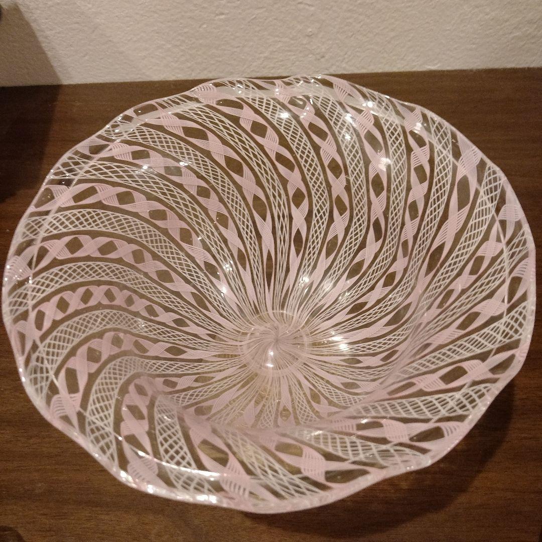 ベネチアンガラス　ムラノ　MURANO　コンポート　ピンク　レース　インテリア