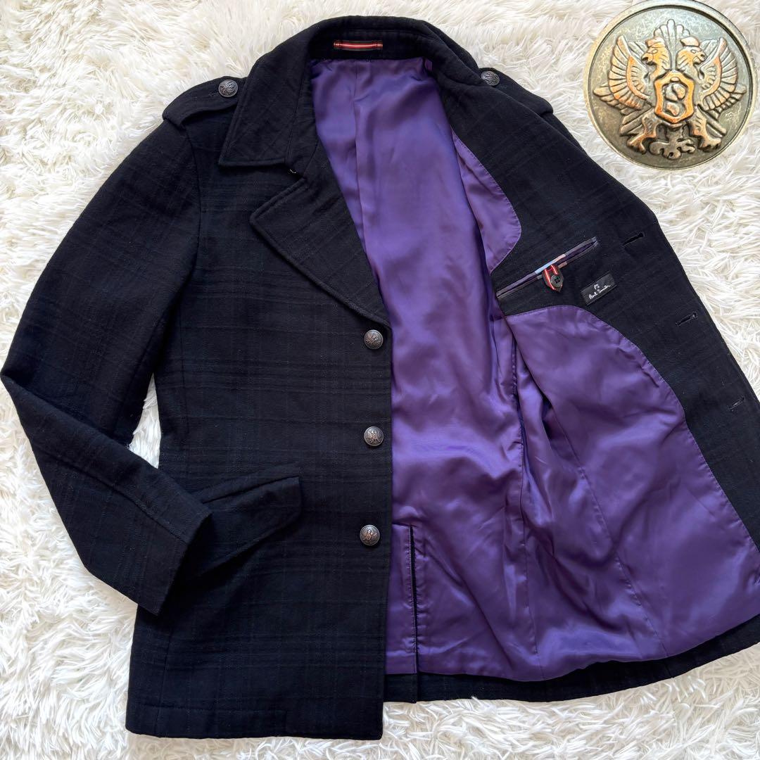 【極美品】Lサイズ 銀ボタン ポールスミス Pコート 紫マルチストライプシルバー