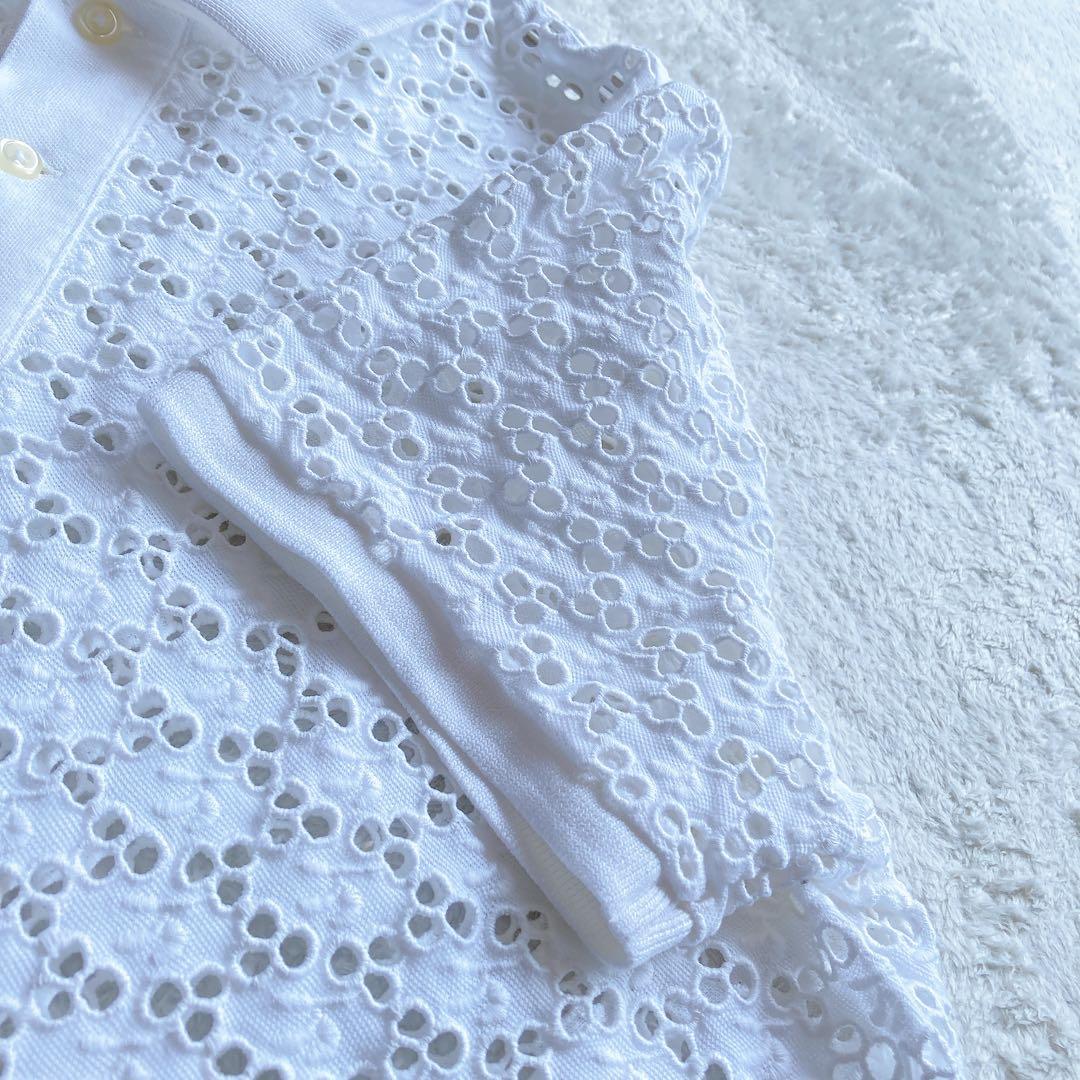 極美品 ポロラルフローレン 23年 ポロシャツ レース 刺繍 ホワイト 白 L