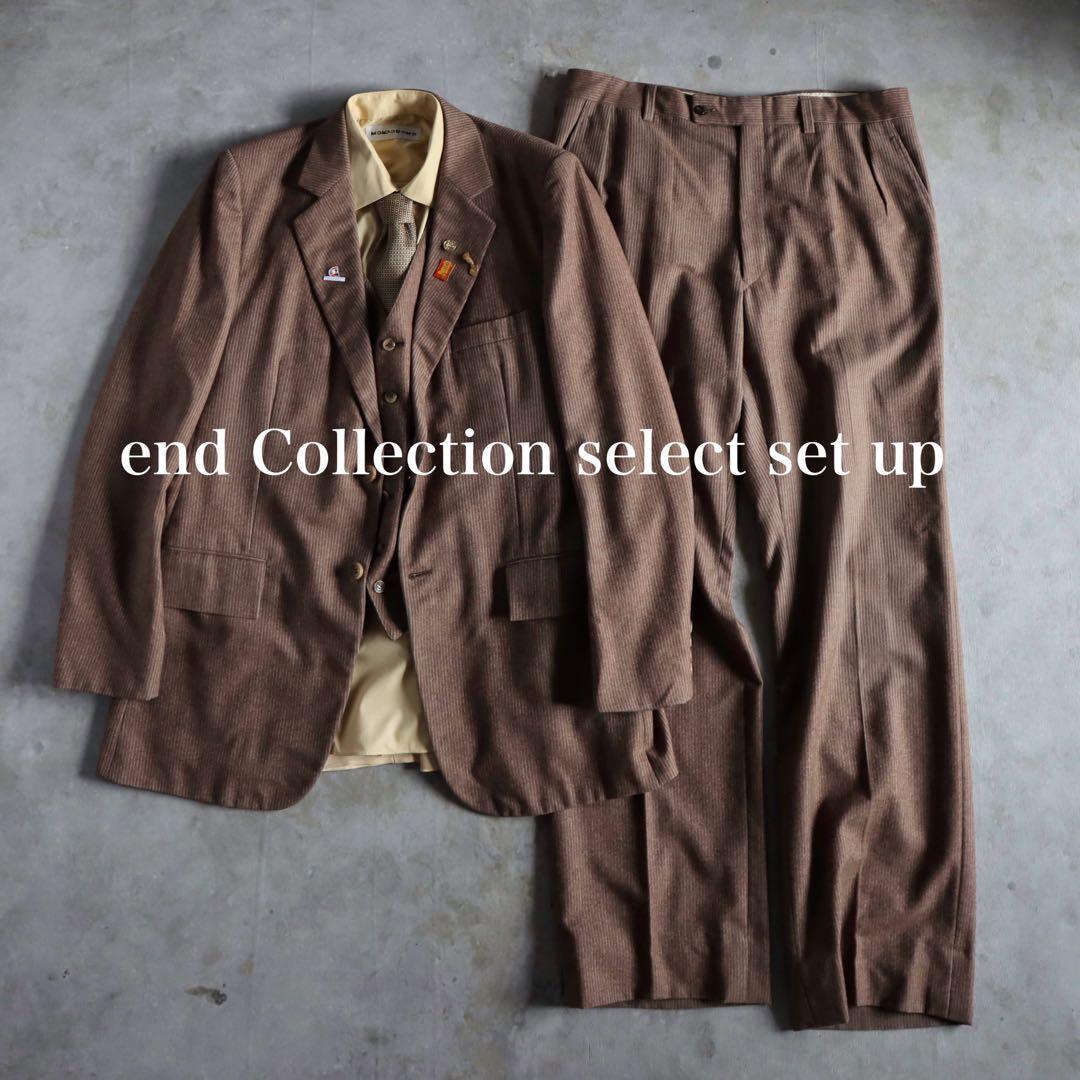 90s 茶色×黄色 3ピースウールセットアップ　ストライプ シャツ ピンズ付き