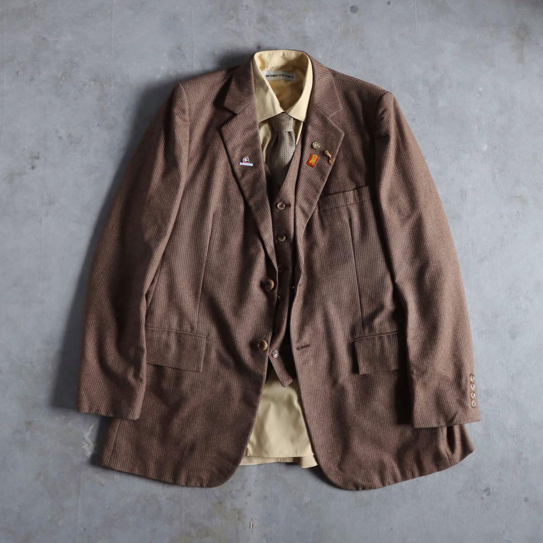 90s 茶色×黄色 3ピースウールセットアップ　ストライプ シャツ ピンズ付き