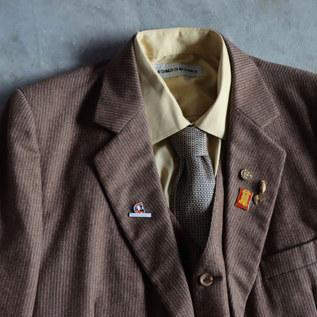 90s 茶色×黄色 3ピースウールセットアップ　ストライプ シャツ ピンズ付き