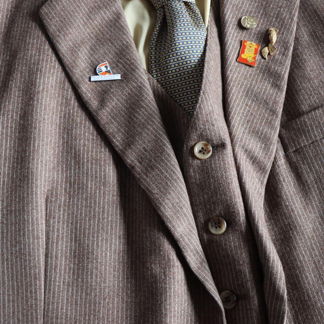 90s 茶色×黄色 3ピースウールセットアップ　ストライプ シャツ ピンズ付き