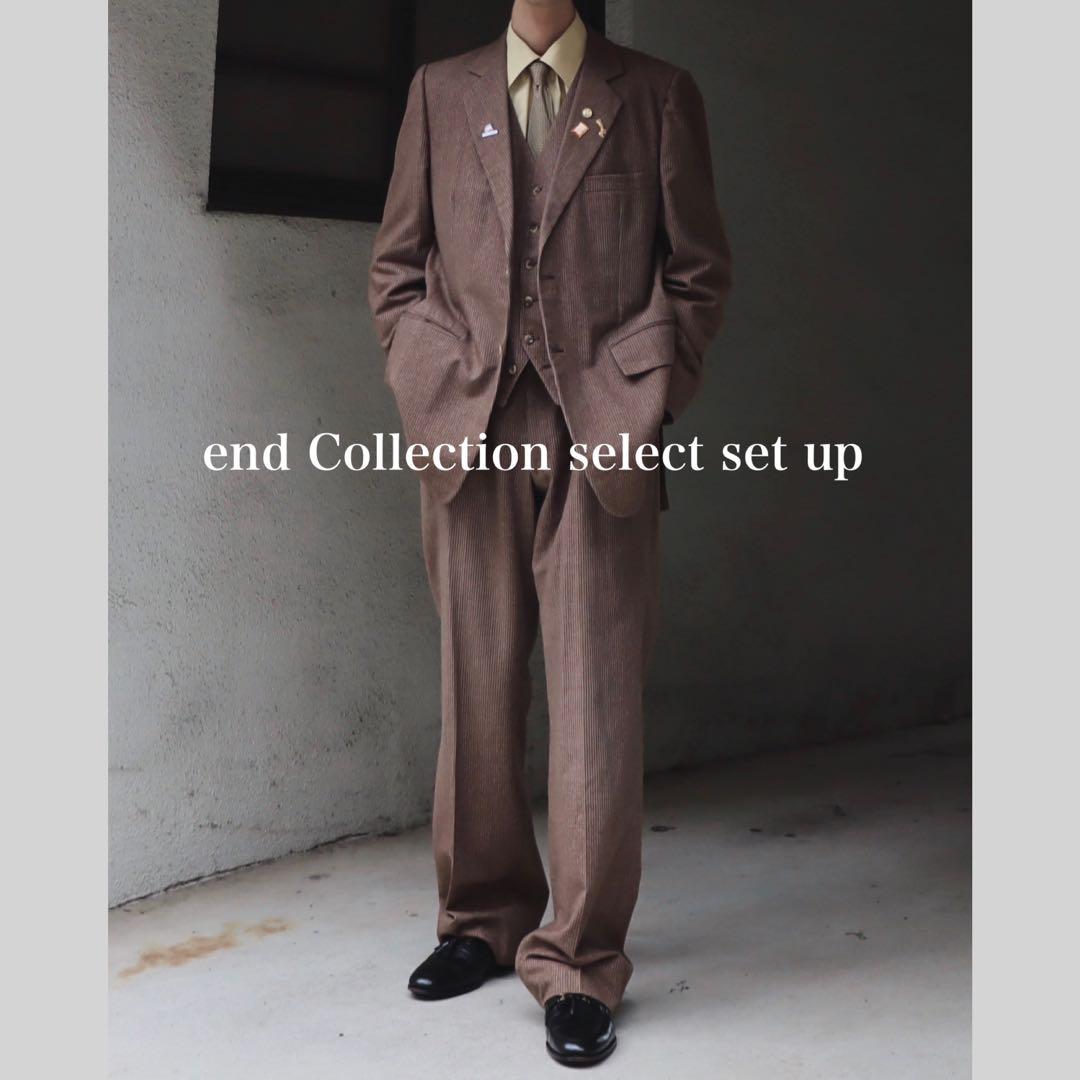 90s 茶色×黄色 3ピースウールセットアップ　ストライプ シャツ ピンズ付き