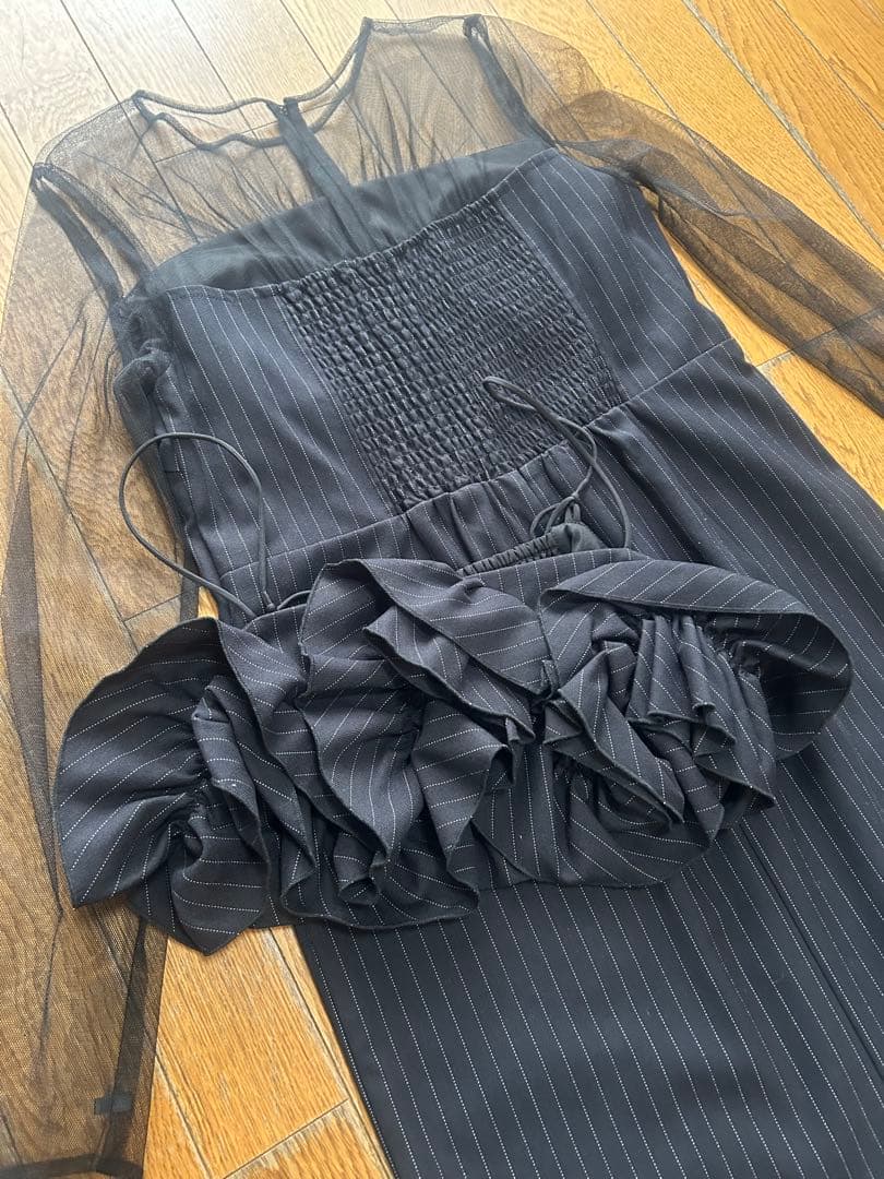 Wavy frill bustier stripe dress サイズM