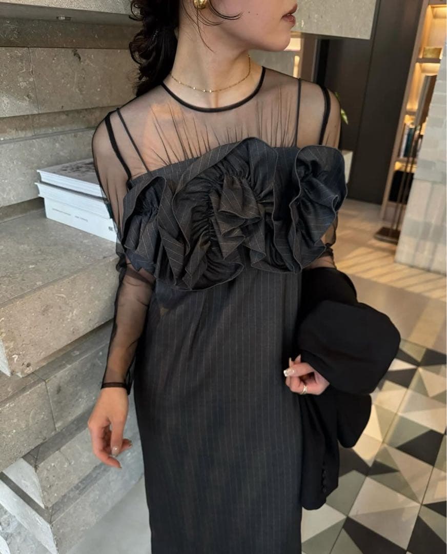 Wavy frill bustier stripe dress サイズM