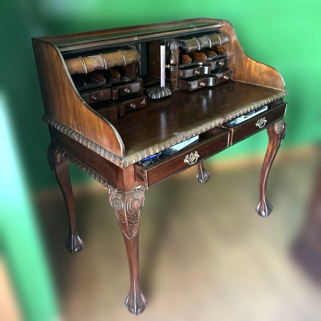 クラシック木製文机 引き出し2つ&小引き出し11、小扉1