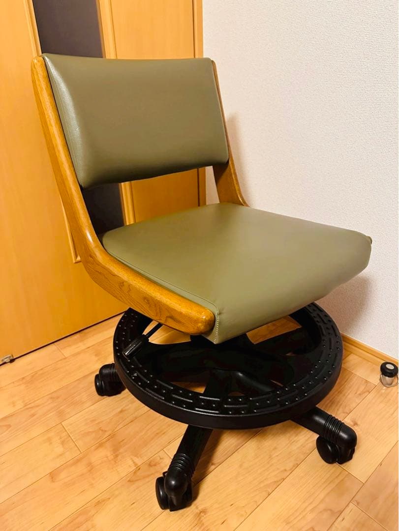 極美品✨浜本工芸 木製オーク材フレーム×本革レザー キャスター付き デスクチェア
