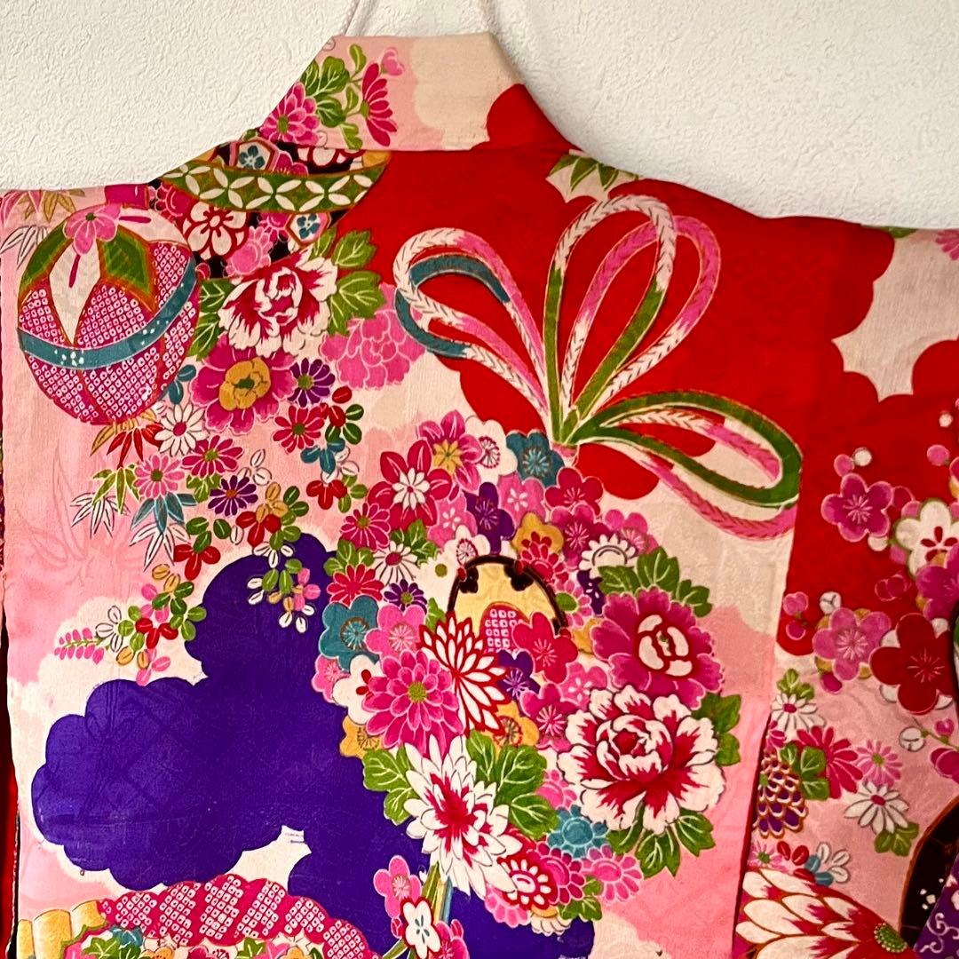 正絹 アンティーク着物 七五三 ◇御所車 薬玉 鞠 平安雅な古典柄