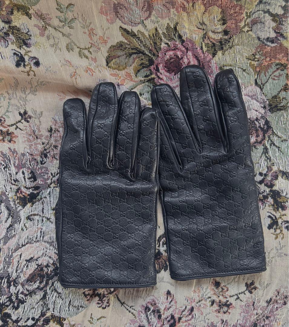 GUCCI GGエンボス レザー グローブ 手袋 革 カシミヤ