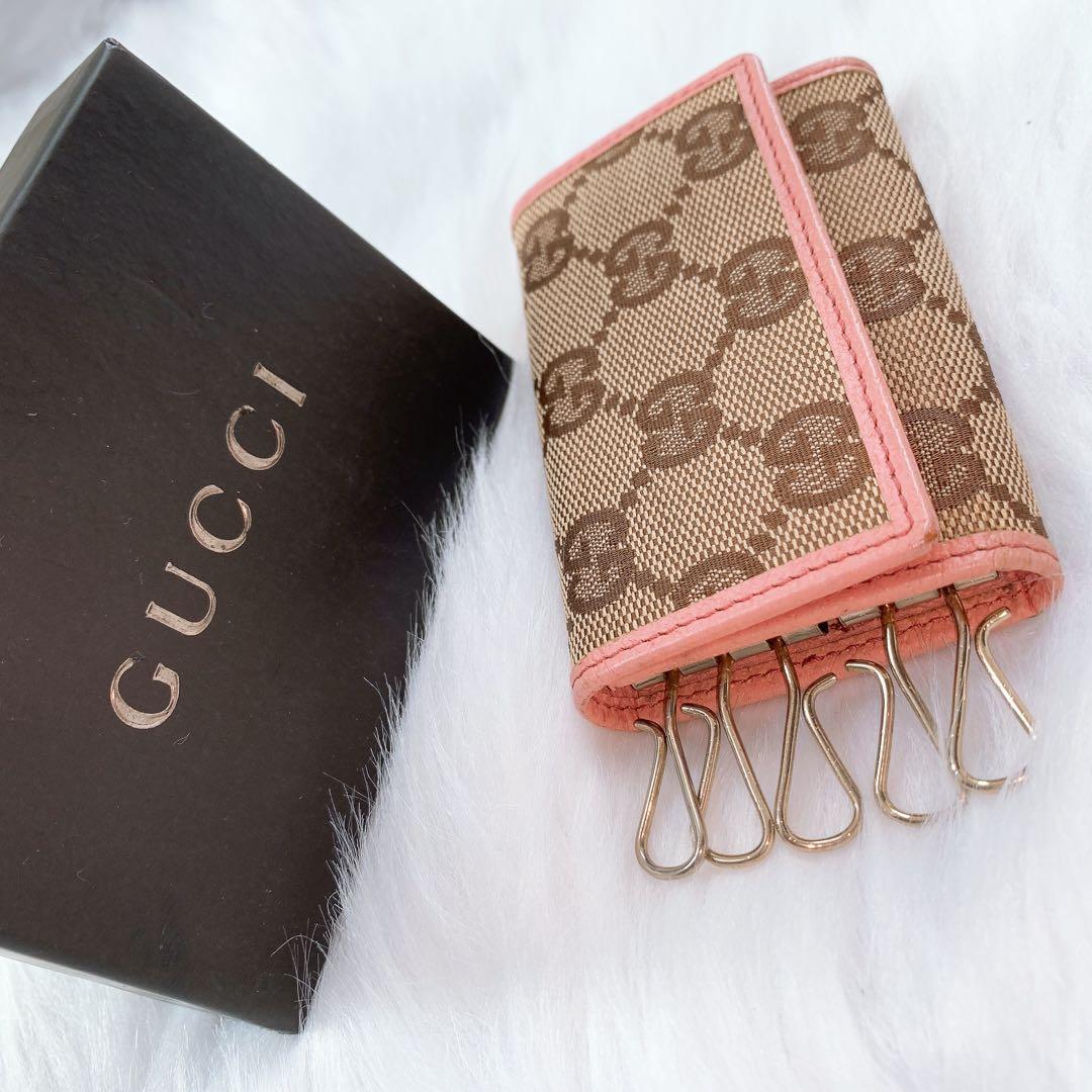 【美品】GUCCI キーケース ピンク グッチ 柄 GG ブラウン/ピンク 6連