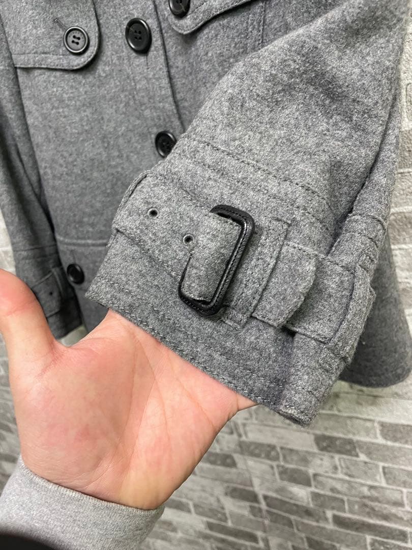 美品　BURBERRY グレー ウール ピーコート　ショートコート　裏地チェック