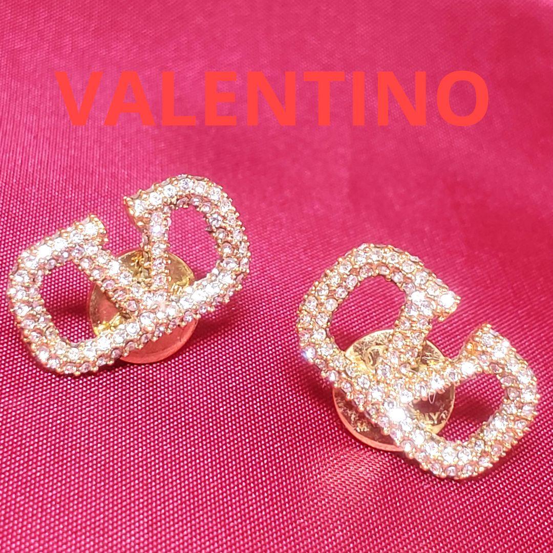 【美品】ヴァレンチノ ピアス ラインストーン ロゴ ゴールド
