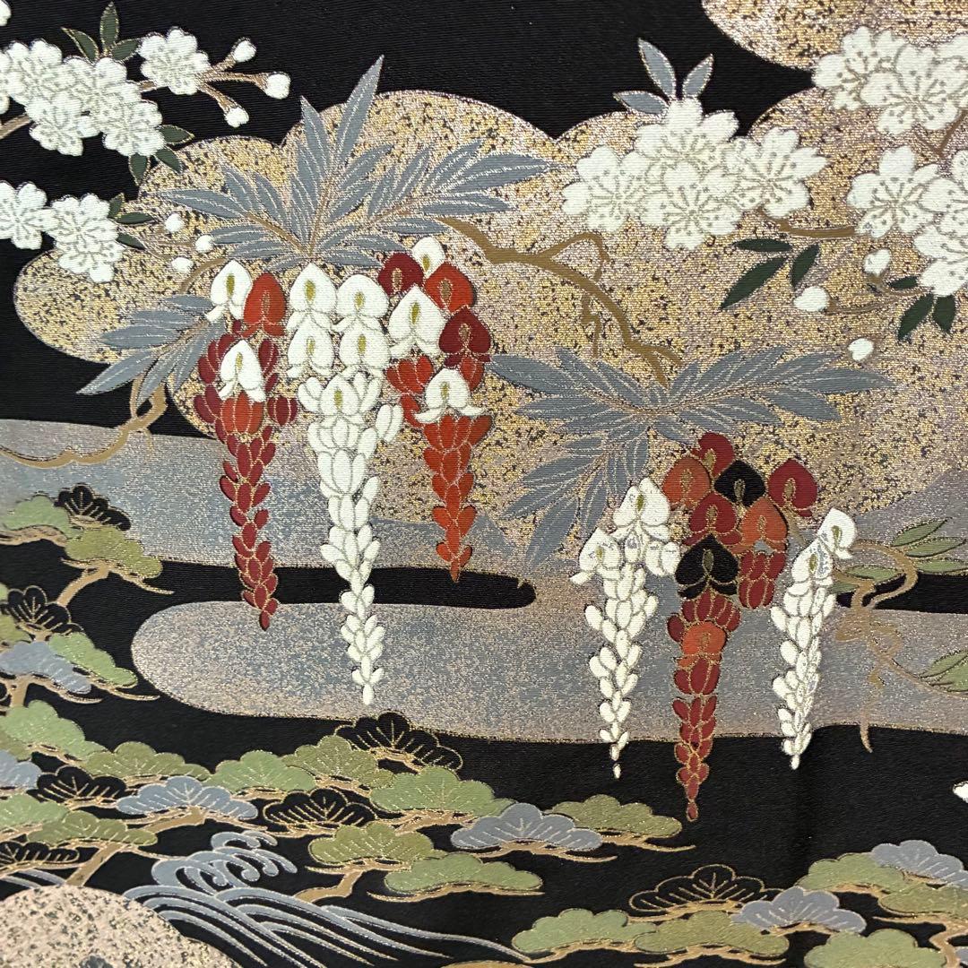 D126 黒留袖 金駒刺繍 鶴 花模様 正絹 着物 袷 しつけ糸付き未使用極美品