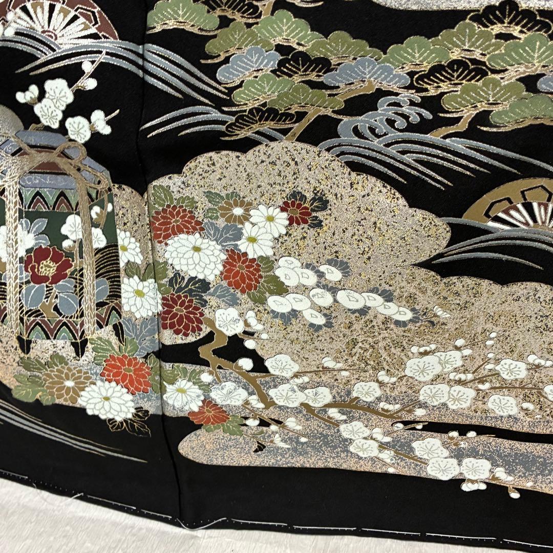 D126 黒留袖 金駒刺繍 鶴 花模様 正絹 着物 袷 しつけ糸付き未使用極美品