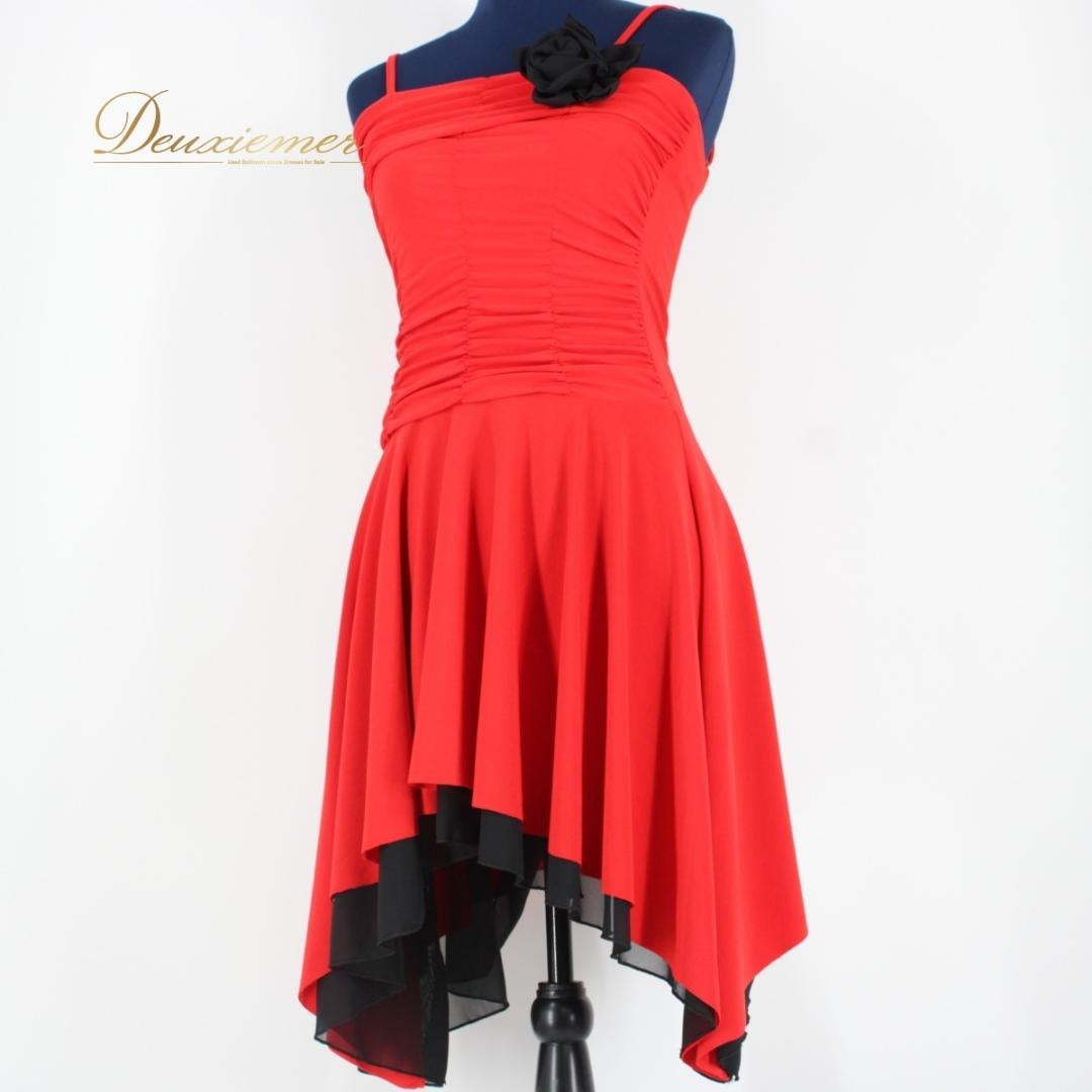 【美品 社交ダンス衣装】ワンピース ドレス ラテン 赤 黒 レッド ブラック